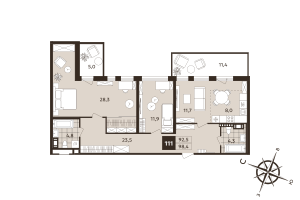3 ккв (Евро) № 111 Корп.: 1 , Секция 3  в ЖК Дом на Бронницкой