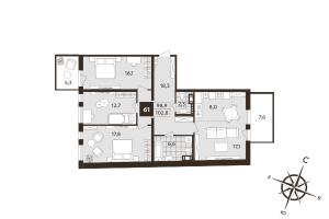 4 ккв (Евро) № 61 Корп.: 1 , Секция 2  в ЖК Дом на Бронницкой