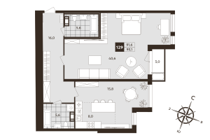 2 ккв (Евро) № 129 Корп.: 1 , Секция 5  в ЖК Дом на Бронницкой