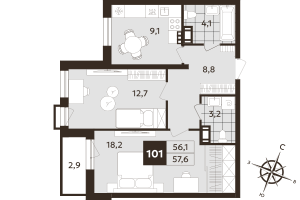 2 ккв № 101 Корп.: 1 , Секция 3  в ЖК Дом на Бронницкой