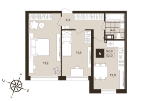 2 ккв № 4 Корп.: 1 , Секция 1  в ЖК Дом на Бронницкой