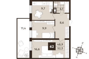 2 ккв № 62 Корп.: 1 , Секция 2  в ЖК Дом на Бронницкой