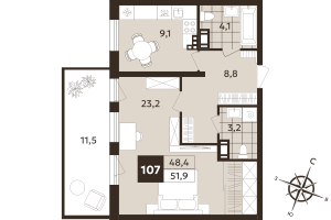 1 ккв № 107 Корп.: 1 , Секция 3  в ЖК Дом на Бронницкой