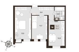 2 ккв № 16 Корп.: 1 , Секция 1  в ЖК Дом на Бронницкой
