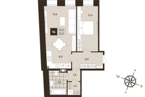 2 ккв (Евро) № 14 Корп.: 1 , Секция 1  в ЖК Дом на Бронницкой