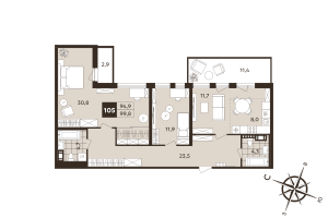 3 ккв (Евро) № 105 Корп.: 1 , Секция 3  в ЖК Дом на Бронницкой