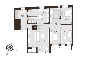 4 ккв (Евро) № 59 Корп.: 1 , Секция 2  в ЖК Дом на Бронницкой