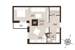 Студия № 57 Корп.: 1 , Секция 2  в ЖК Дом на Бронницкой