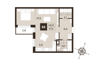 Студия № 83 Корп.: 1 , Секция 3  в ЖК Дом на Бронницкой