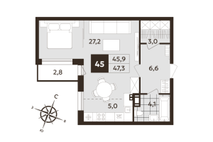 Студия № 45 Корп.: 1 , Секция 2  в ЖК Дом на Бронницкой