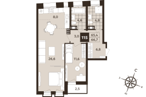 2 ккв (Евро) № 115 Корп.: 1 , Секция 3  в ЖК Дом на Бронницкой