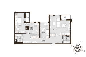 3 ккв (Евро) № 99 Корп.: 1 , Секция 3  в ЖК Дом на Бронницкой