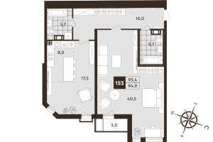 2 ккв (Евро) № 153 Корп.: 1 , Секция 5  в ЖК Дом на Бронницкой