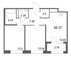 3 ккв (Евро) № 107 Корп.: 1 , Секция 3  в ЖК Дом на Курской