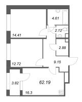 3 ккв (Евро) № 199 Корп.: 1 , Секция 5  в ЖК Дом на Курской