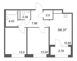 3 ккв (Евро) № 102 Корп.: 1 , Секция 3  в ЖК Дом на Курской