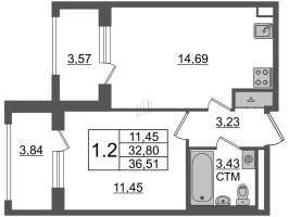 1 ккв № 311 Корп.: 2.2 , Секция 2.2  в ЖК Дворцовый фасад