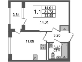 1 ккв № 332 Корп.: 2.2 , Секция 2.2  в ЖК Дворцовый фасад