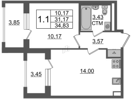 1 ккв № 309 Корп.: 2.2 , Секция 2.2  в ЖК Дворцовый фасад