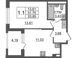 1 ккв № 121 Корп.: 2.1 , Секция 1.3  в ЖК Дворцовый фасад