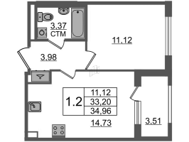 1 ккв № 206 Корп.: 3.1 , Секция 5  в ЖК Дворцовый фасад