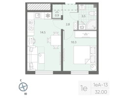 1 ккв № 411 Корп.: 1 , Секция 2  в ЖК Дыбенко Парк