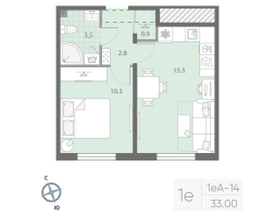 2 ккв (Евро) № 412 Корп.: 1 , Секция 2  в ЖК Дыбенко Парк