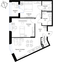 3 ккв (Евро) № 118 Корп.: 1 , Секция 7  в ЖК Экография