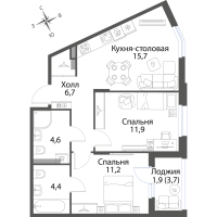 3 ккв (Евро) № 14 Корп.: 4 , Секция 1  в ЖК Экография