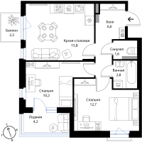 3 ккв (Евро) № 13 Корп.: 1 , Секция 1  в ЖК Экография