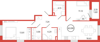 3 ккв (Евро) № 1 Корп.: 18 , Секция 1  в ЖК Энфилд