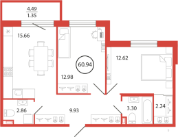3 ккв (Евро) № 62 Корп.: 18 , Секция 2  в ЖК Энфилд