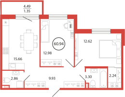3 ккв (Евро) № 52 Корп.: 18 , Секция 2  в ЖК Энфилд