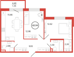 3 ккв (Евро) № 47 Корп.: 18 , Секция 2  в ЖК Энфилд
