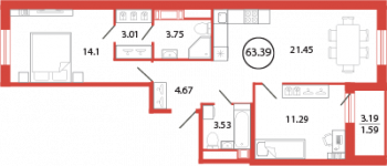 3 ккв (Евро) № 89 Корп.: 19 , Секция 2  в ЖК Энфилд