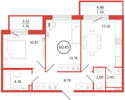 3 ккв (Евро) № 76 Корп.: 18 , Секция 2  в ЖК Энфилд