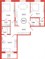 4 ккв (Евро) № 146 Корп.: 19 , Секция 4  в ЖК Энфилд