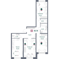 4 ккв (Евро) № 163 Корп.: 2 , Секция 3  в ЖК Фотограф