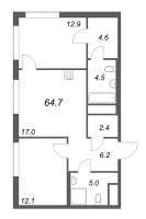 3 ккв (Евро) № 750 Корп.: 5 , Секция 1  в ЖК Гений