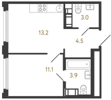 1 ккв № 215 Корп.: 2 , Секция 2.1  в ЖК Гений