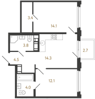 2 ккв № 229 Корп.: 2 , Секция 2.1  в ЖК Гений