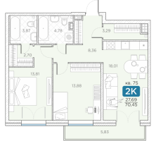 3 ккв (Евро) № 75 Корп.: 14А , Секция 2  в ЖК Гильдия