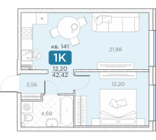 2 ккв (Евро) № 141 Корп.: 14А , Секция 4  в ЖК Гильдия