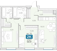 3 ккв (Евро) № 70 Корп.: 14А , Секция 2  в ЖК Гильдия