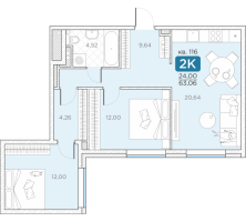 3 ккв (Евро) № 116 Корп.: 14А , Секция 3  в ЖК Гильдия