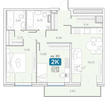3 ккв (Евро) № 80 Корп.: 14А , Секция 2  в ЖК Гильдия