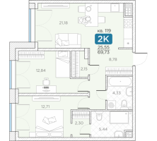 3 ккв (Евро) № 119 Корп.: 14А , Секция 3  в ЖК Гильдия