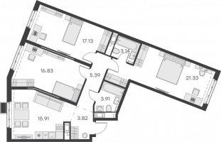 4 ккв (Евро) № 535 Корп.: 1 , Секция 11  в ЖК GloraX Балтийская