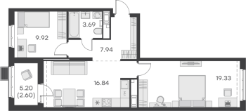 3 ккв (Евро) № 407 Корп.: 1 , Секция 8  в ЖК GloraX Балтийская