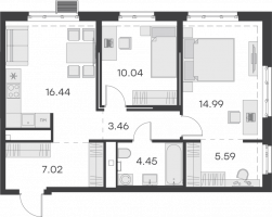 3 ккв (Евро) № 413 Корп.: 1 , Секция 9  в ЖК GloraX Балтийская